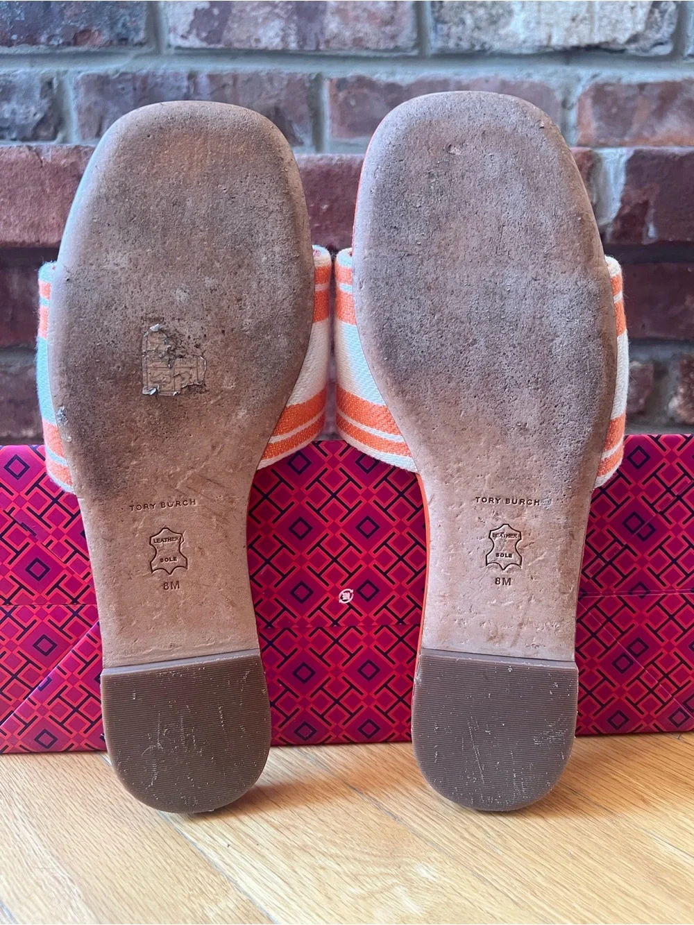 Tory Burch Orange & Cream Double T Jacquard Striped Logo Slide Sandals